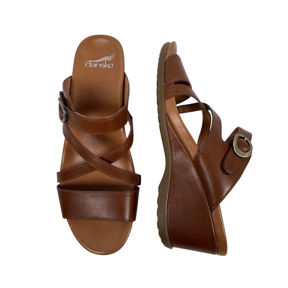 Dansko Ana Sandals Womens 8.5-9 EU 39 Strappy Brown Leather Wedge Slip On